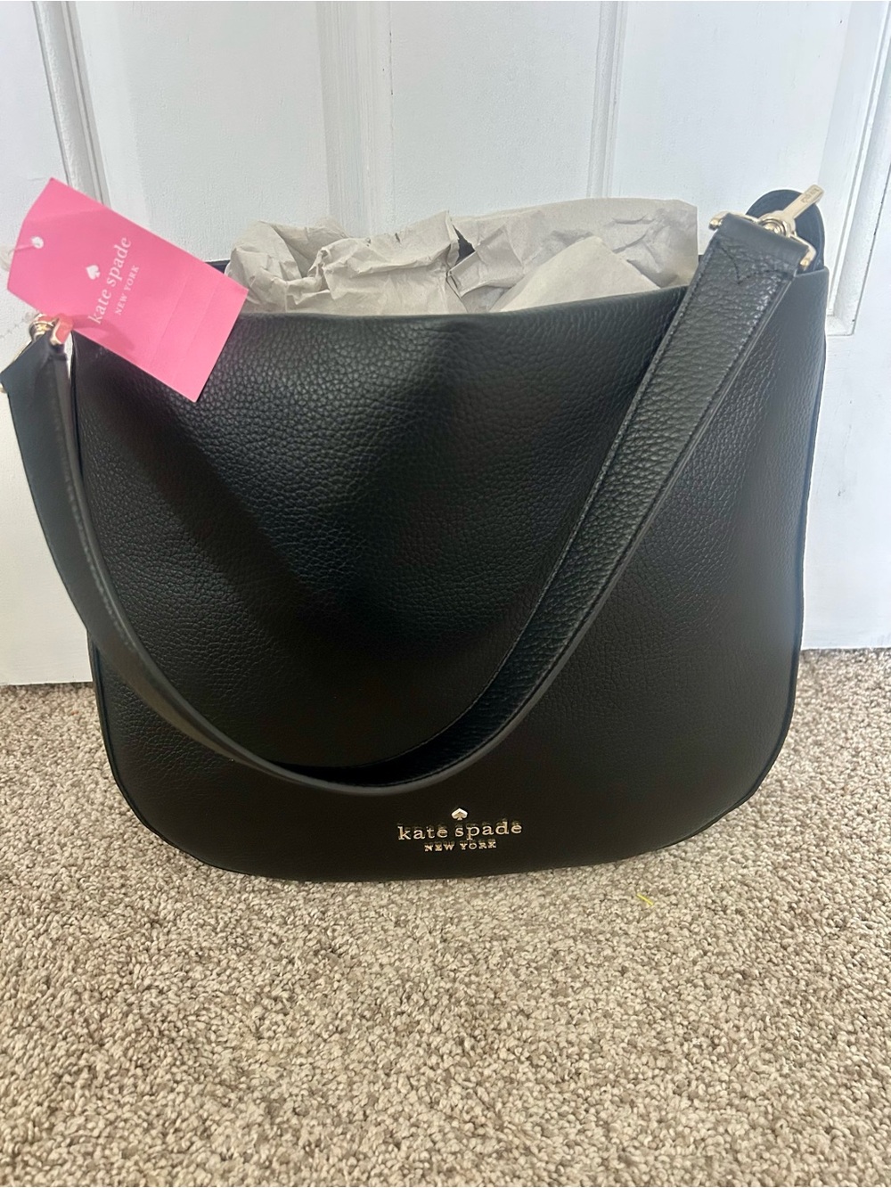 kate spade Black Pebbled Leather Hobo with Gold Logo